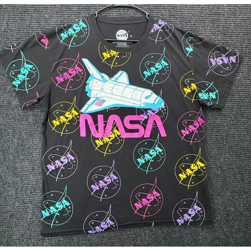 Retro! NASA Mens XL Black Neon All-Over Print Space Shuttle Graphic T-Shirt